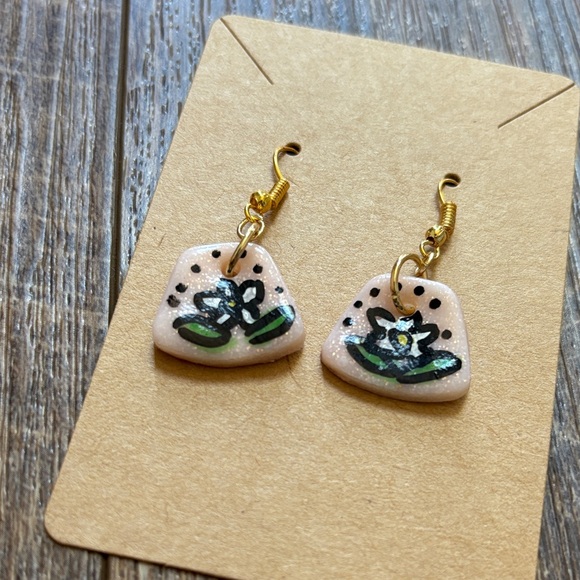 Handmade Polymer Clay Floral Dangle Earrings - Blush Pink & Green - Picture 2 of 5